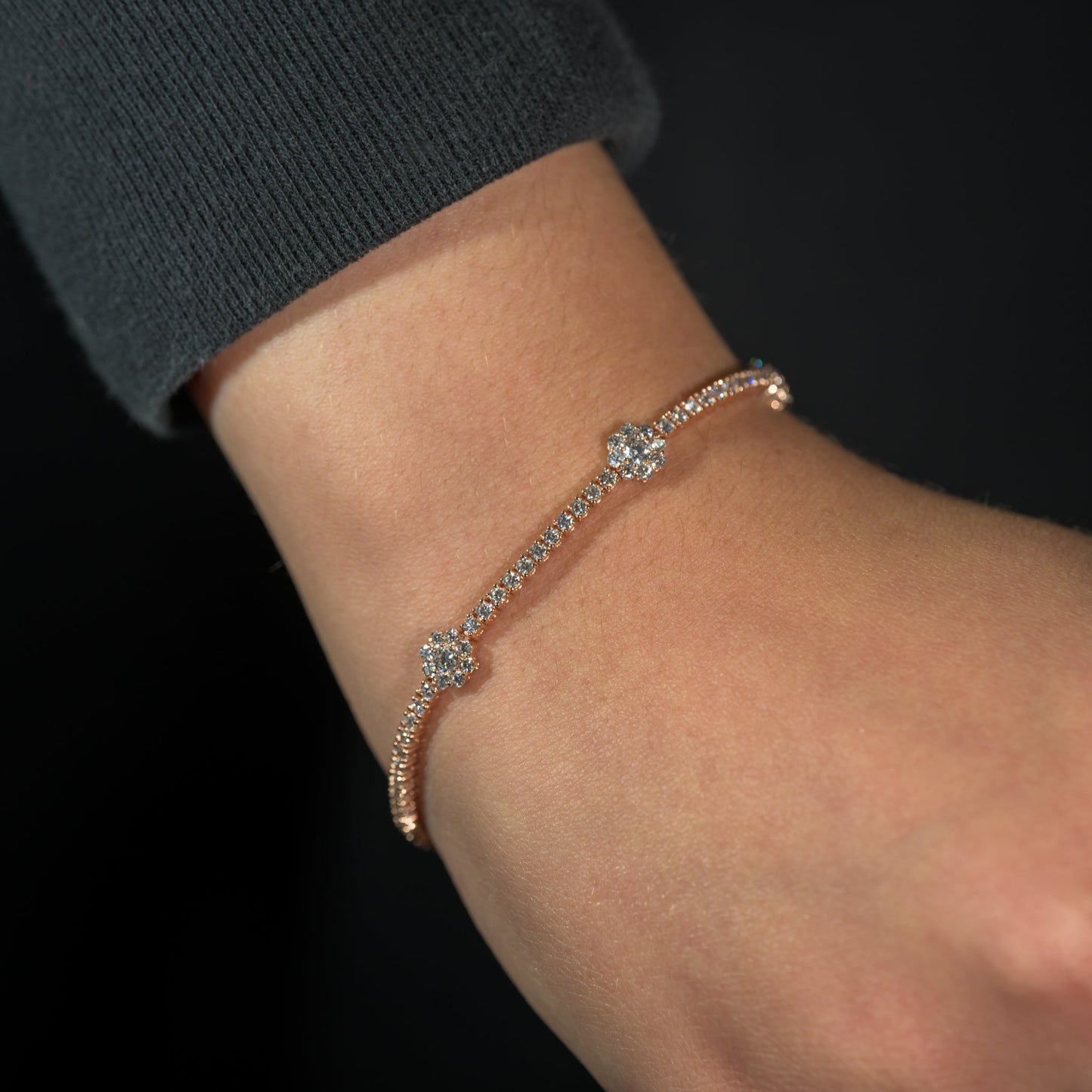 14k Rose Gold Tennis Flower Cluster Bracelet 2.85 ctw