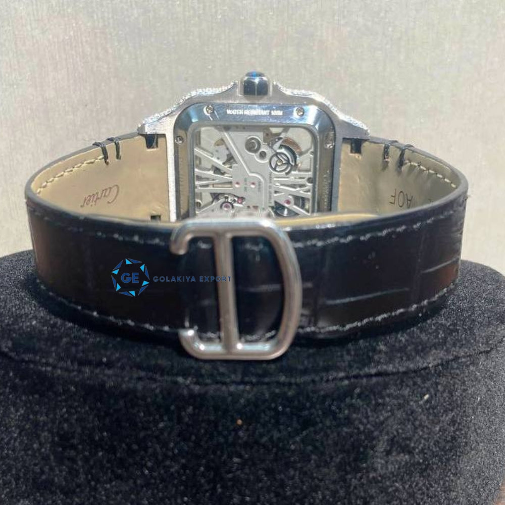 Skeleton Black Leather Belt Moissanite Watch