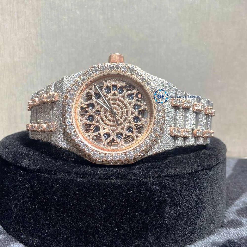 Rose & White Moissanite Handmade Skeleton Hip Hop Watch