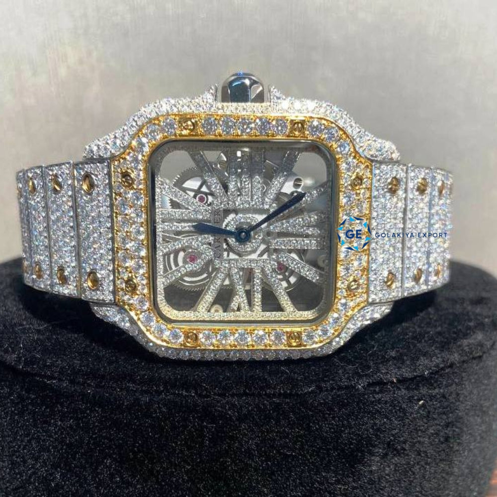 Skeleton Dual Tone Moissanite Hip Hop Watch For Men's