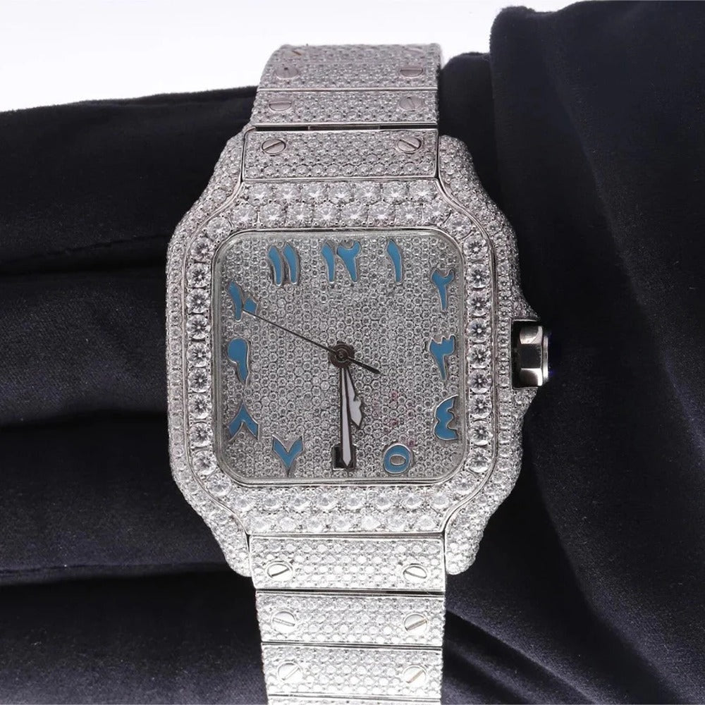 VVS1 Moissanite Blue Arabic Number Dial Iced Out Watch Gift For Men's