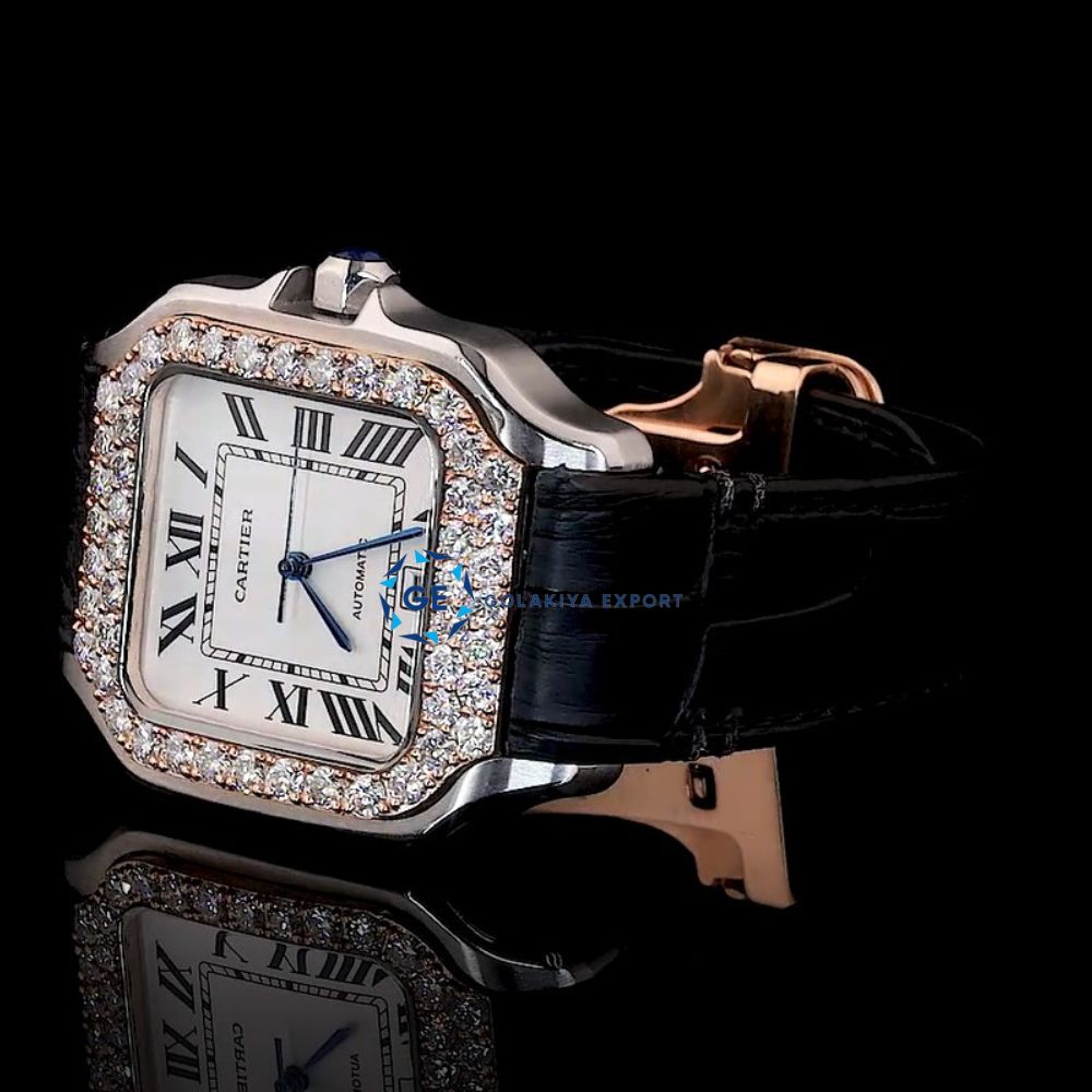 VVS1 Moissanite Black Leather Belt Classic Wrist Watch
