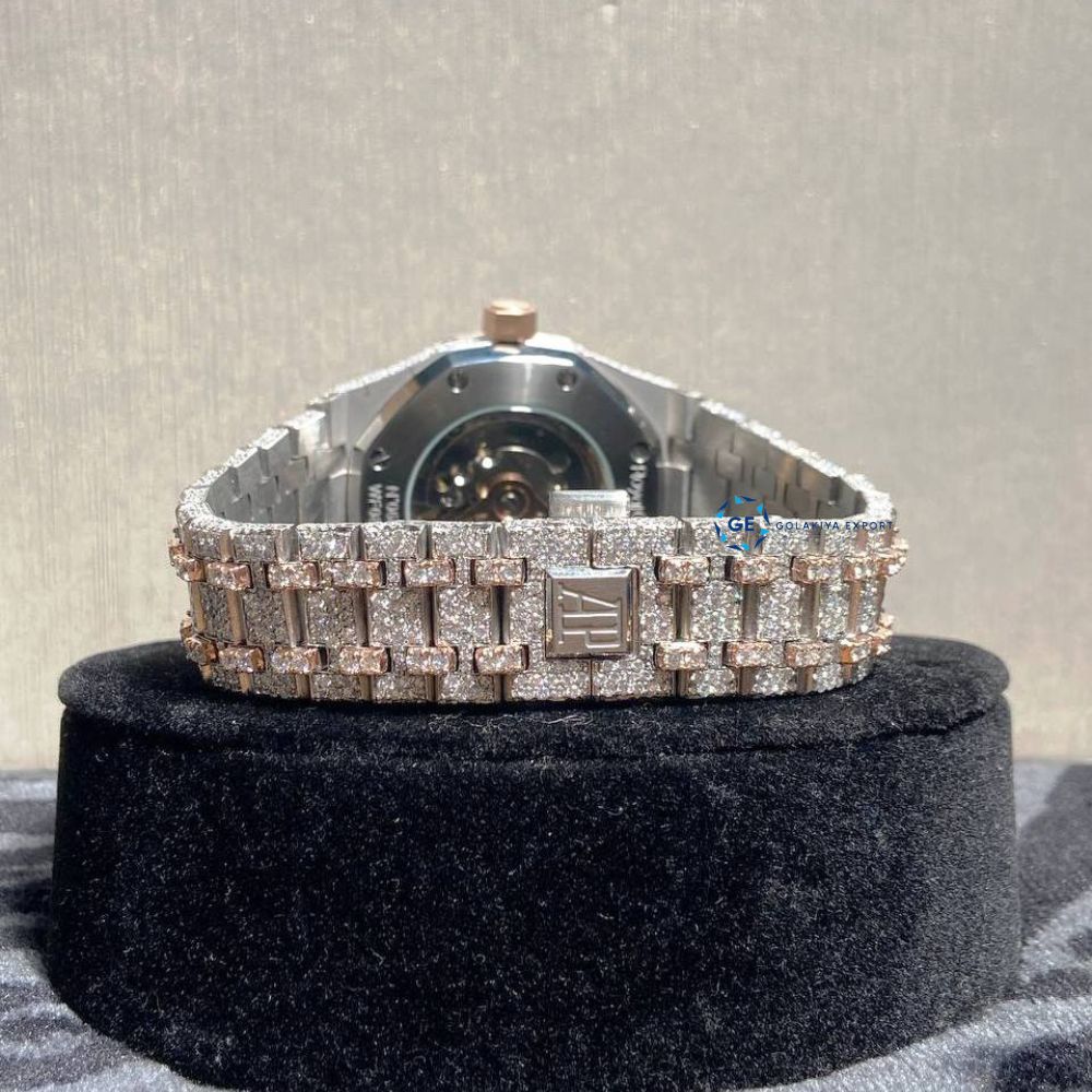 Rose & White Moissanite Handmade Skeleton Hip Hop Watch