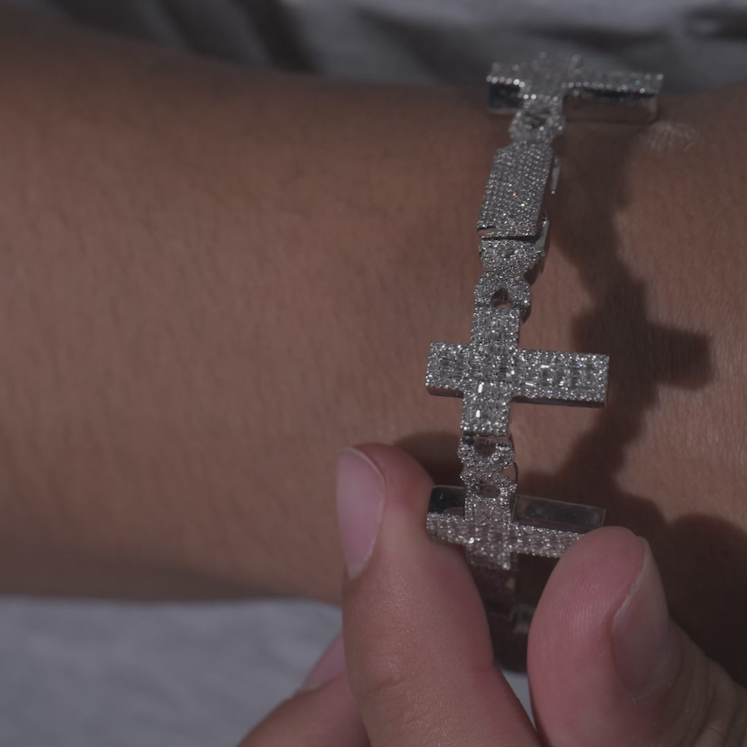 10k White Gold Diamond Baguette Cross Bracelet 3.97 ctw