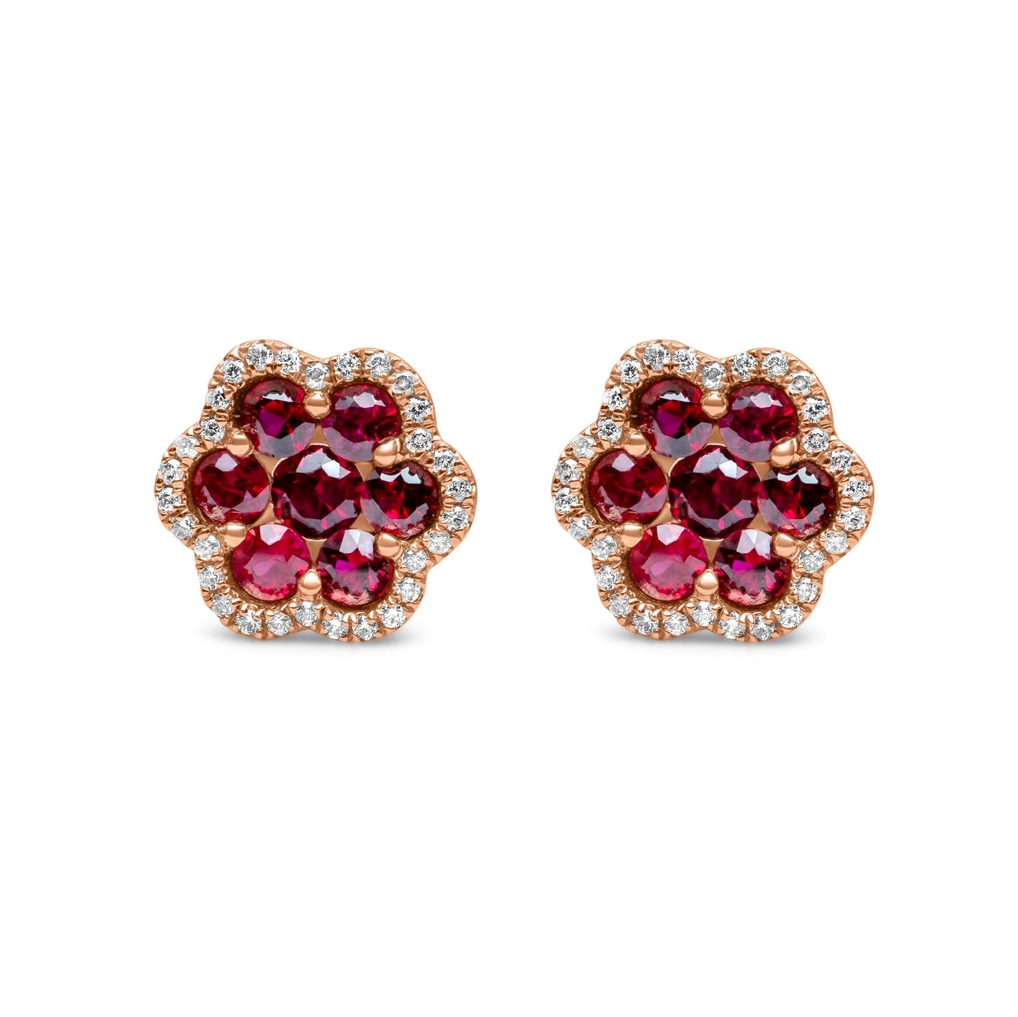 14k Solid Gold Diamond Ruby Cluster Earrings
