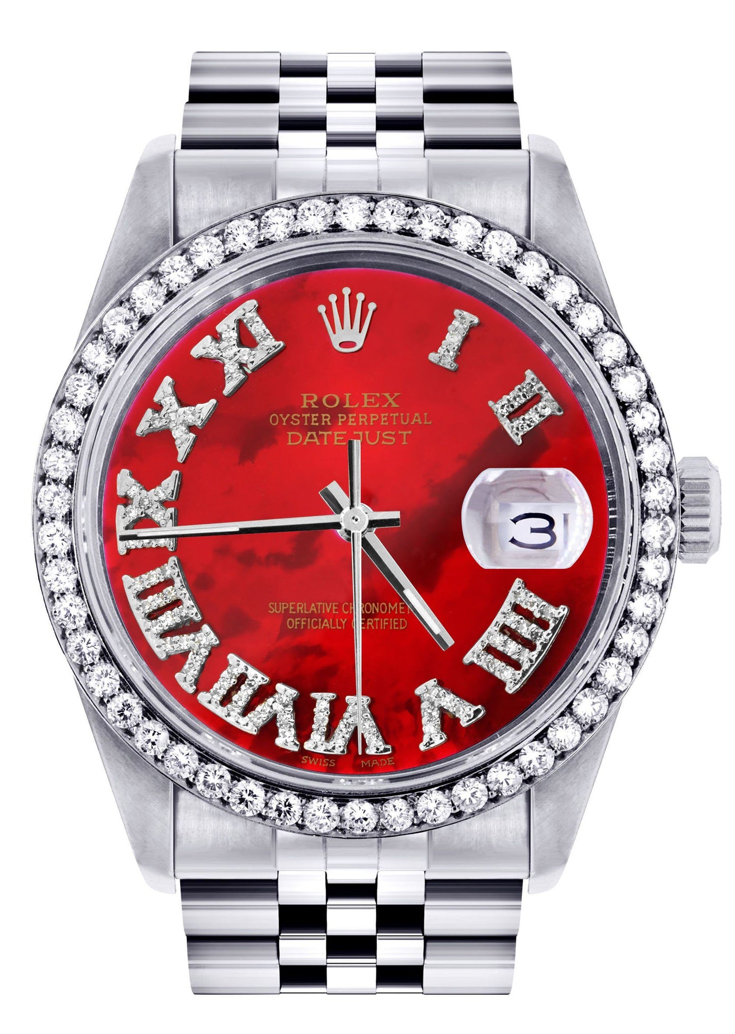 Womens Rolex Datejust Watch 16200 | 36Mm | Diamond Red Mother Of Pearl Roman Numeral Dial | Jubilee Band