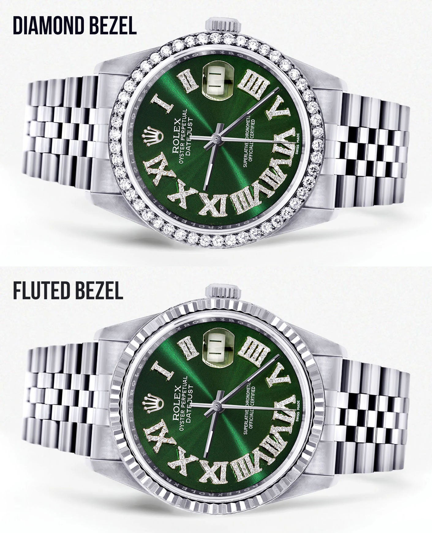 Womens Rolex Datejust Watch 16200 | 36Mm | Custom Green Roman Numeral Dial | Jubilee Band
