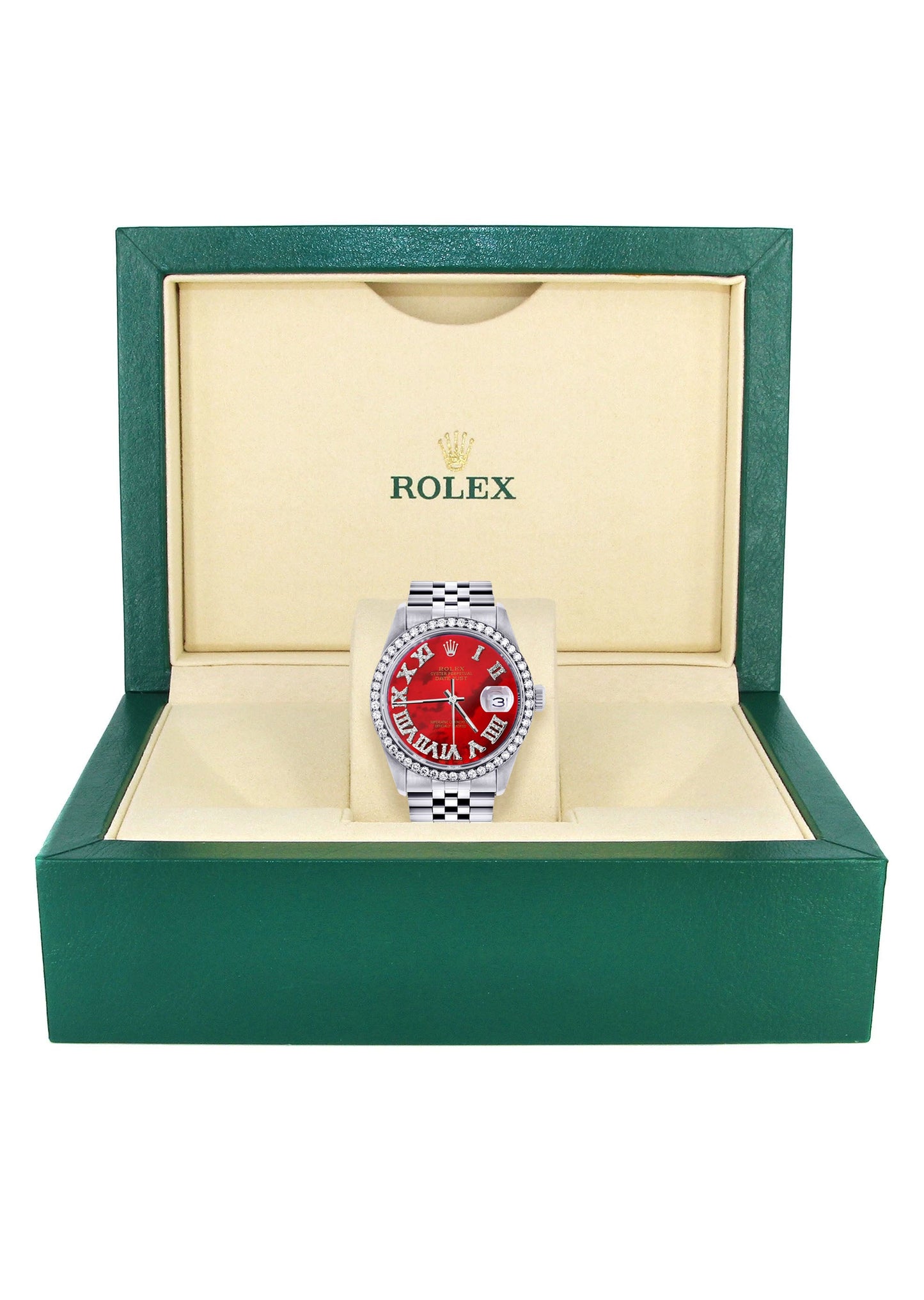 Womens Rolex Datejust Watch 16200 | 36Mm | Diamond Red Mother Of Pearl Roman Numeral Dial | Jubilee Band
