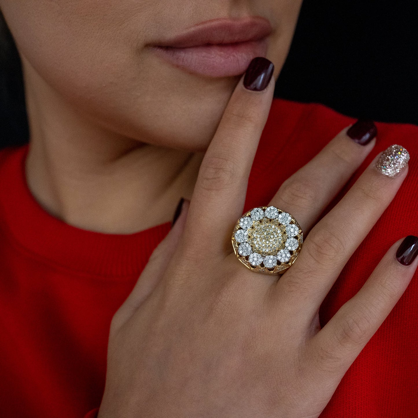 14k Solid Gold Signet Cluster Diamond Ring 1.75ctw