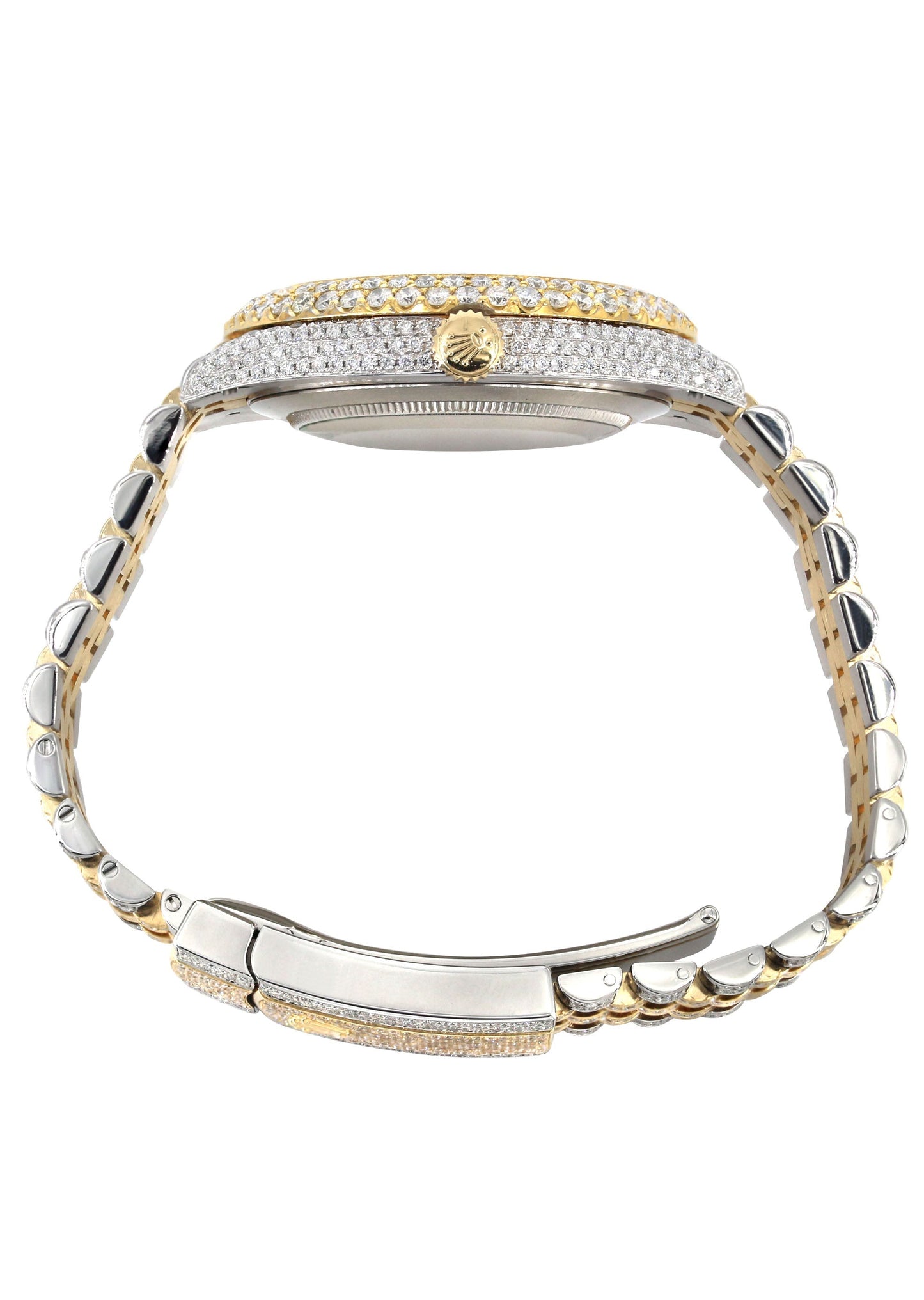 Womens Diamond Iced Out Rolex Datejust 41 | 25 Carats Of Diamonds | Custom Red Mother of Pearl Roman Numeral Diamond Dial | Two Tone | Two Row | Jubilee Band