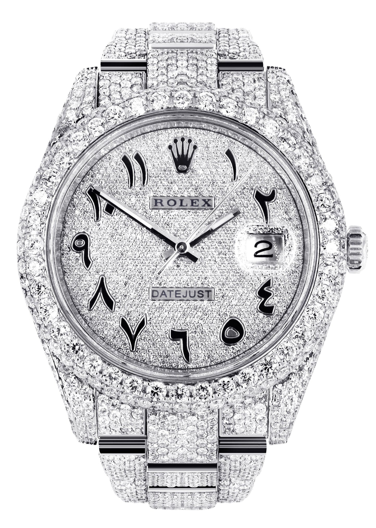 Womens Diamond Iced Out Rolex Datejust 41 | 25 Carats Of Diamonds | Custom Arabic Diamond Dial | Two Row | Oyster Band