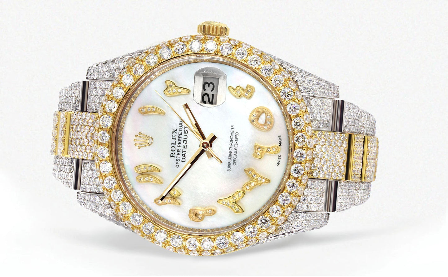 Womens Diamond Iced Out Rolex Datejust 41 | 25 Carats Of Diamonds | Custom Mother of Pearl Arabic Numeral Diamond Dial | Two Tone | Two Row | Oyster Band