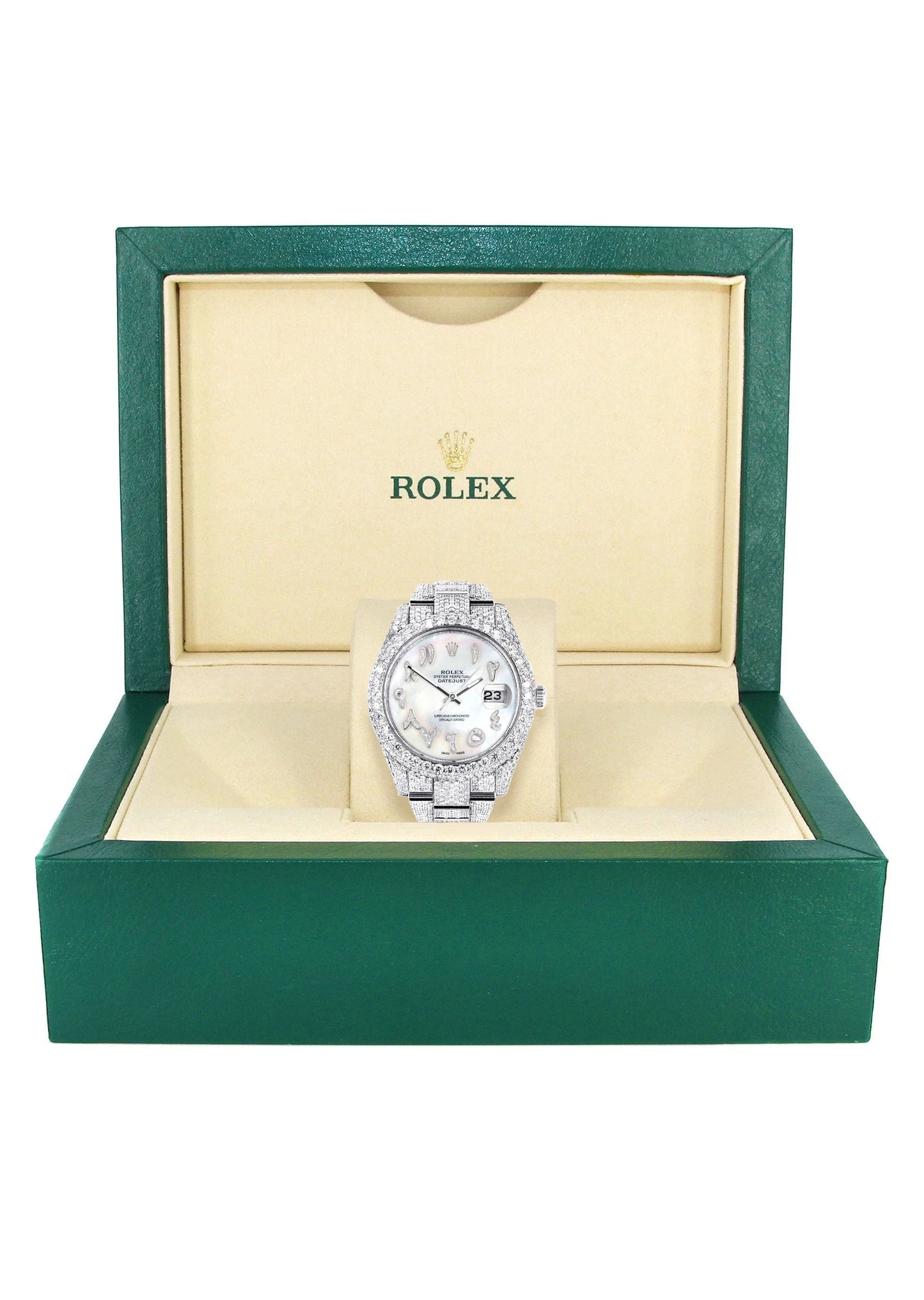 Womens Diamond Iced Out Rolex Datejust 41 | 25 Carats Of Diamonds | Custom Mother of Pearl Arabic Numeral Diamond Dial | Two Row | Oyster Band