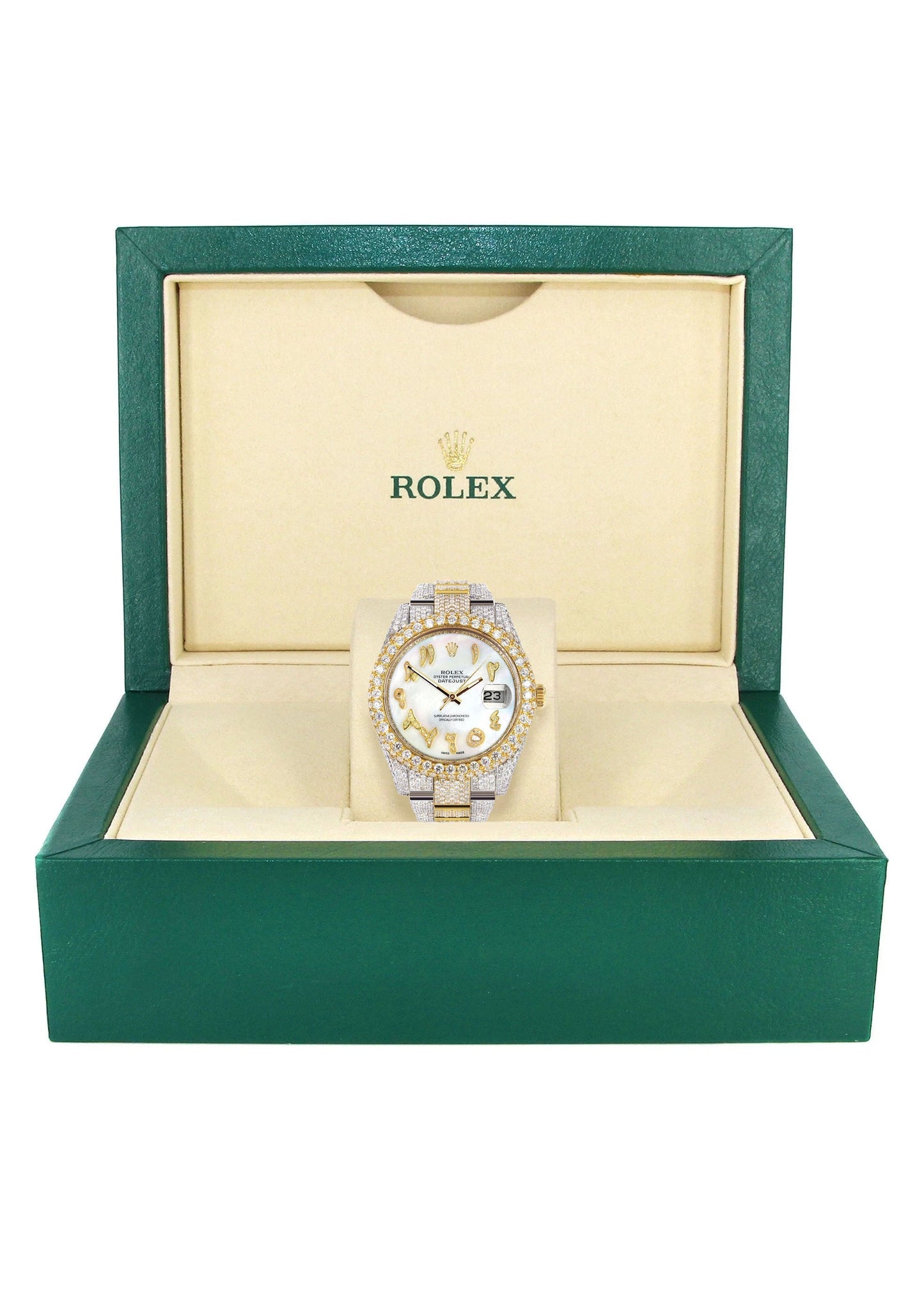 Womens Diamond Iced Out Rolex Datejust 41 | 25 Carats Of Diamonds | Custom Mother of Pearl Arabic Numeral Diamond Dial | Two Tone | Two Row | Oyster Band