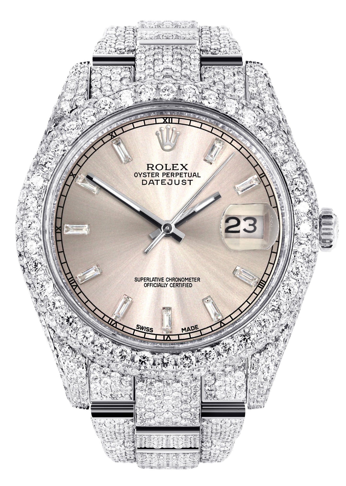 Womens Diamond Iced Out Rolex Datejust 41 | 25 Carats Of Diamonds | Custom Dawn Pink Dial | Two Row | Oyster Band
