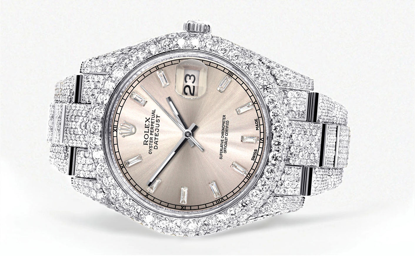 Womens Diamond Iced Out Rolex Datejust 41 | 25 Carats Of Diamonds | Custom Dawn Pink Dial | Two Row | Oyster Band