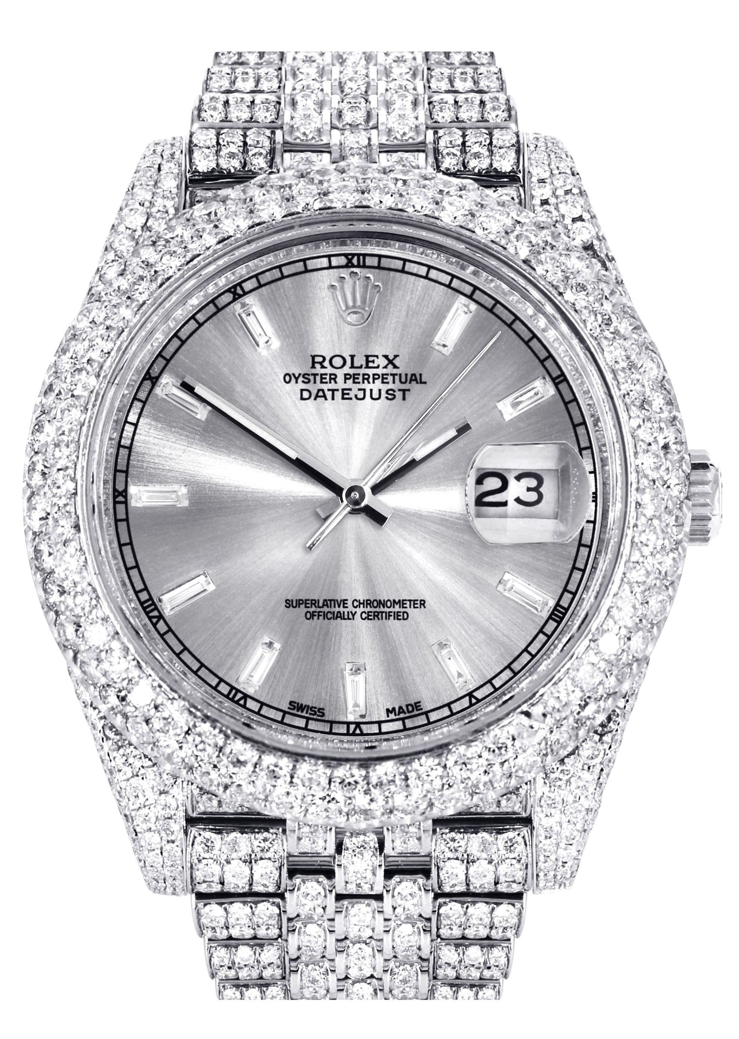 Womens Diamond Iced Out Rolex Datejust 41 | 25 Carats Of Diamonds | Custom Silver Diamond Dial | Two Row | Jubilee Band