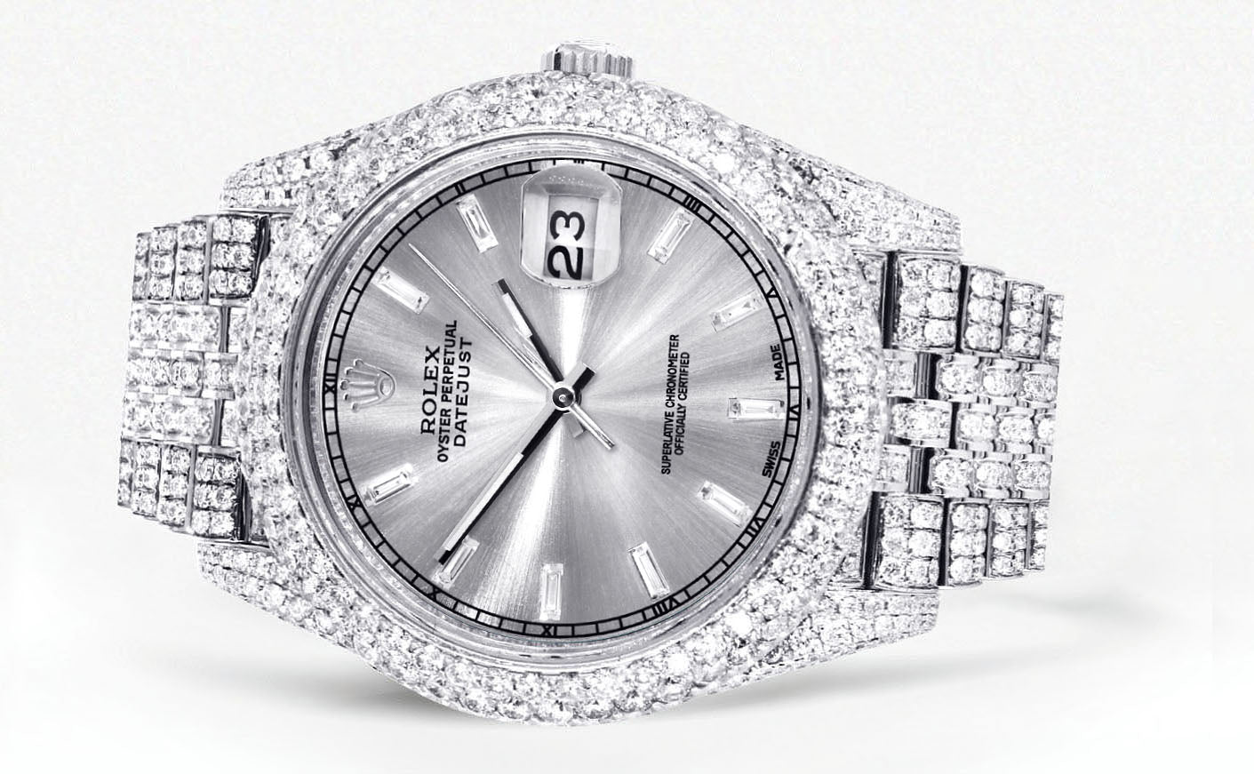 Womens Diamond Iced Out Rolex Datejust 41 | 25 Carats Of Diamonds | Custom Silver Diamond Dial | Two Row | Jubilee Band