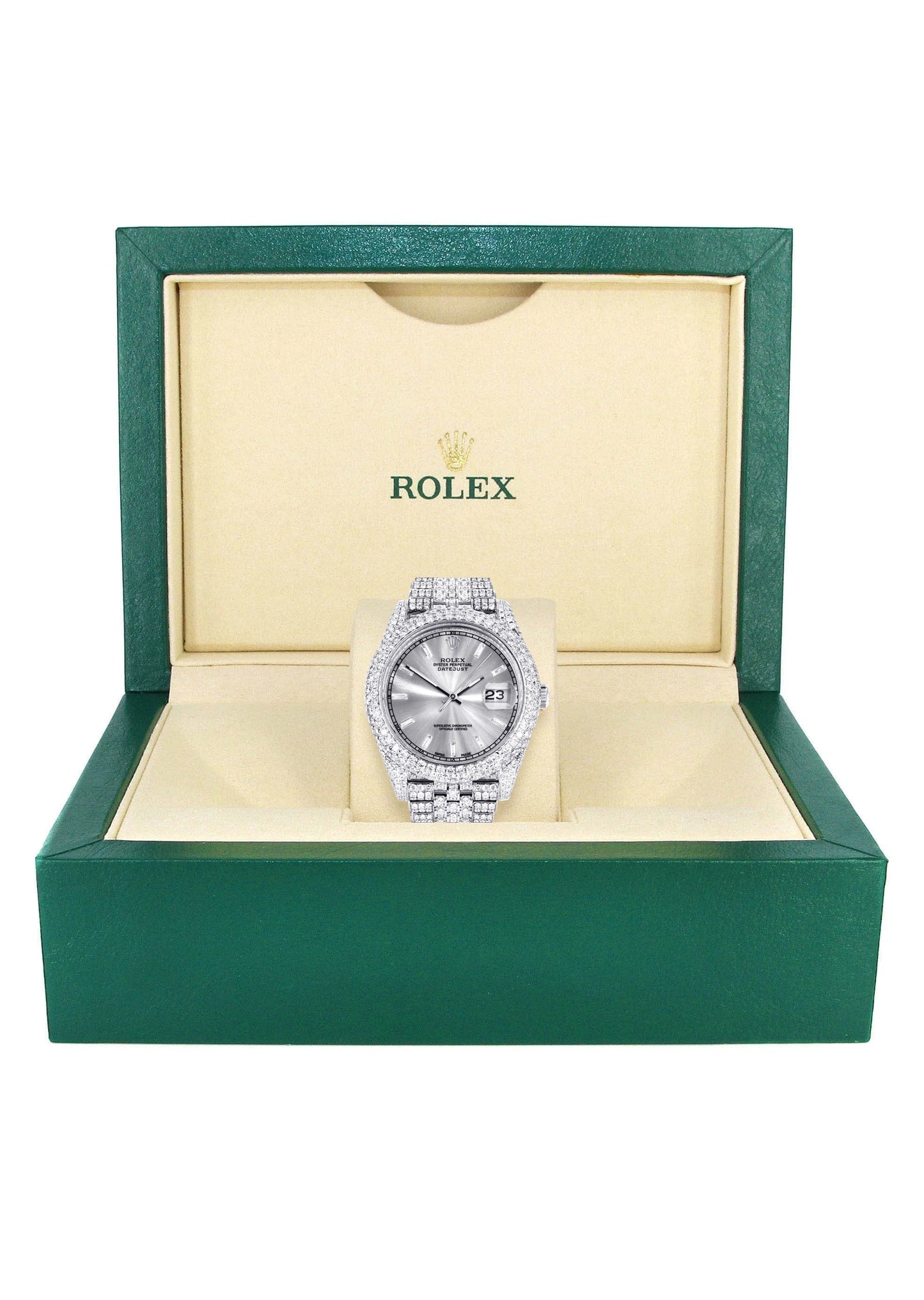 Womens Diamond Iced Out Rolex Datejust 41 | 25 Carats Of Diamonds | Custom Silver Diamond Dial | Two Row | Jubilee Band