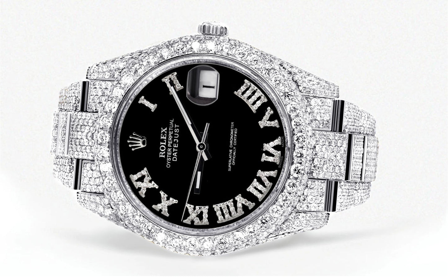 Womens Diamond Iced Out Rolex Datejust 41 | 25 Carats Of Diamonds | Custom Black Roman Numeral Diamond Dial | Two Row | Oyster Band