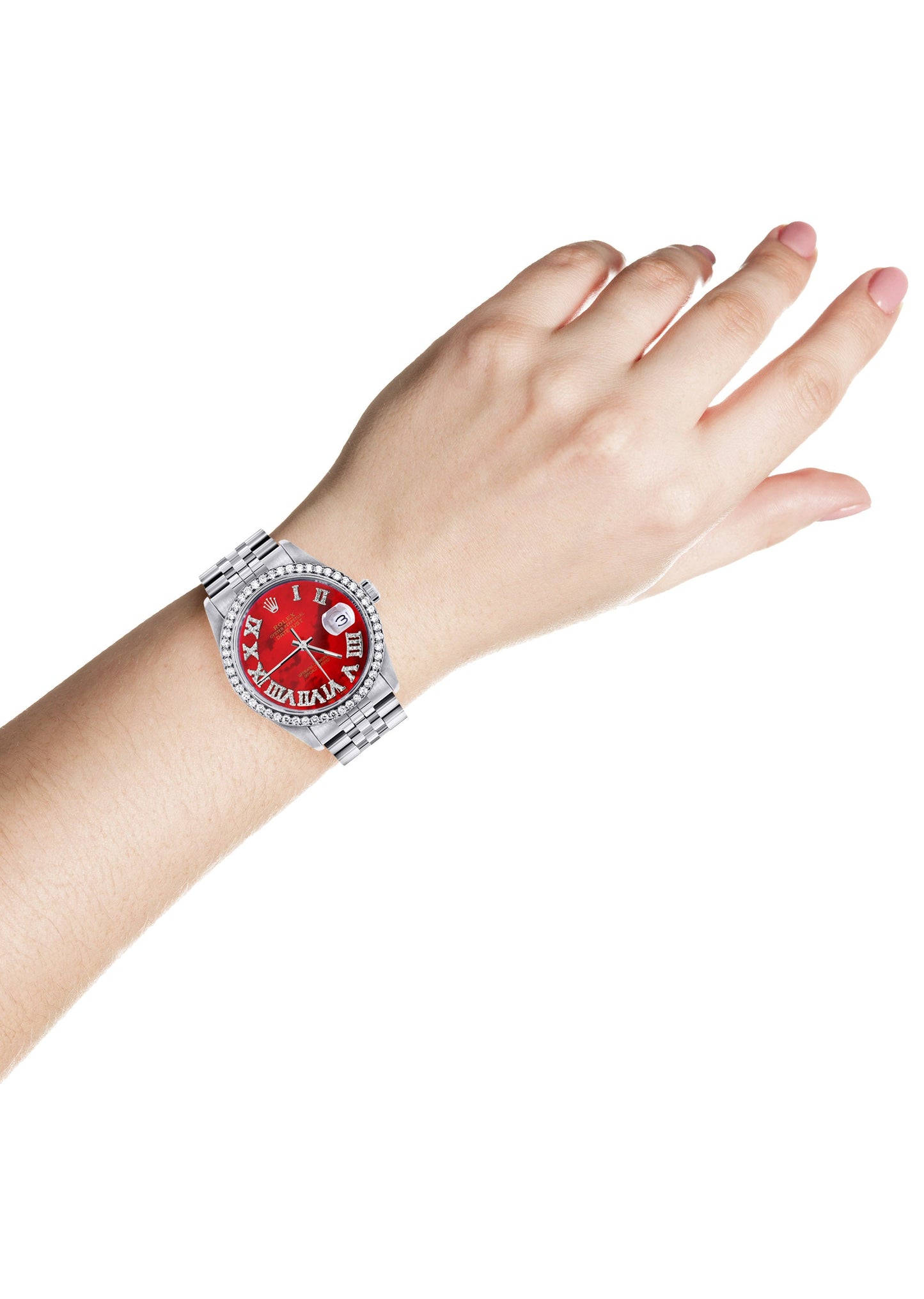 Womens Rolex Datejust Watch 16200 | 36Mm | Diamond Red Mother Of Pearl Roman Numeral Dial | Jubilee Band