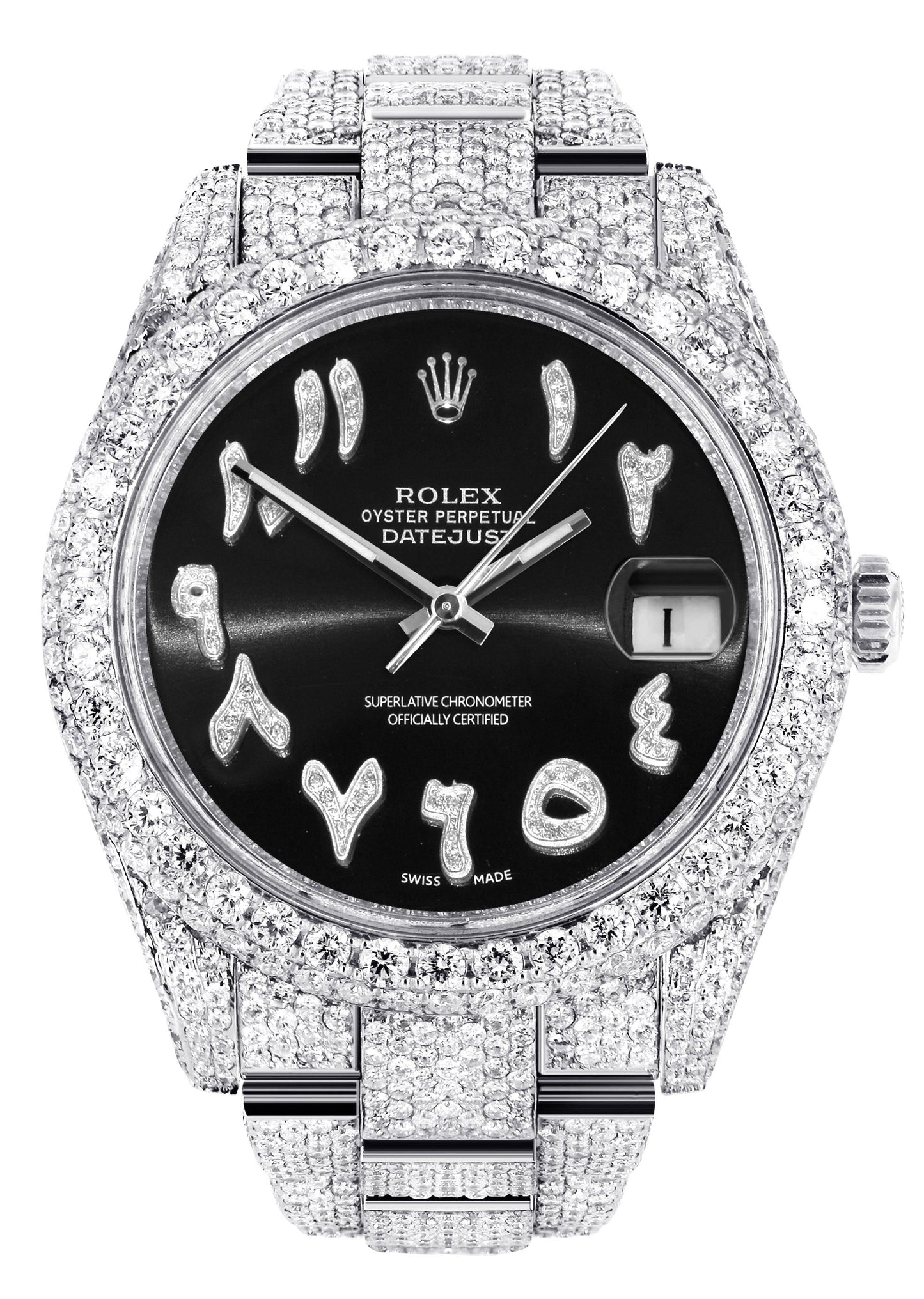 Womens Diamond Iced Out Rolex Datejust 41 | 25 Carats Of Diamonds | Custom Black Arabic Numeral Diamond Dial | Two Row | Oyster Band
