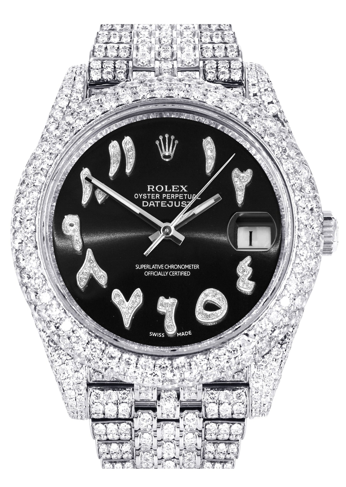 Womens Diamond Iced Out Rolex Datejust 41 | 25 Carats Of Diamonds | Custom Black Arabic Numeral Diamond Dial | Two Row | Jubilee Band