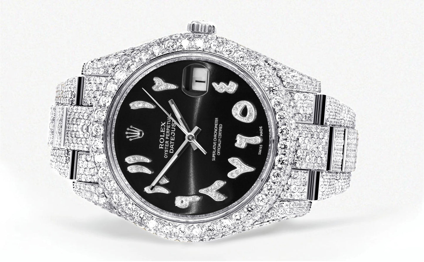 Womens Diamond Iced Out Rolex Datejust 41 | 25 Carats Of Diamonds | Custom Black Arabic Numeral Diamond Dial | Two Row | Oyster Band