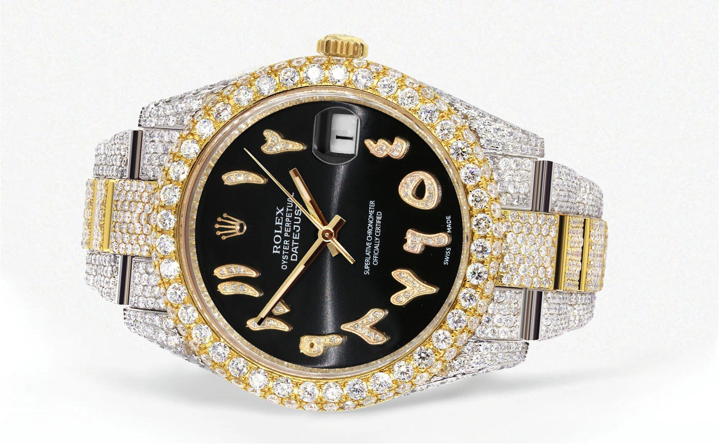 Womens Diamond Iced Out Rolex Datejust 41 | 25 Carats Of Diamonds | Custom Black Arabic Numeral Diamond Dial | Two Tone | Two Row | Oyster Band