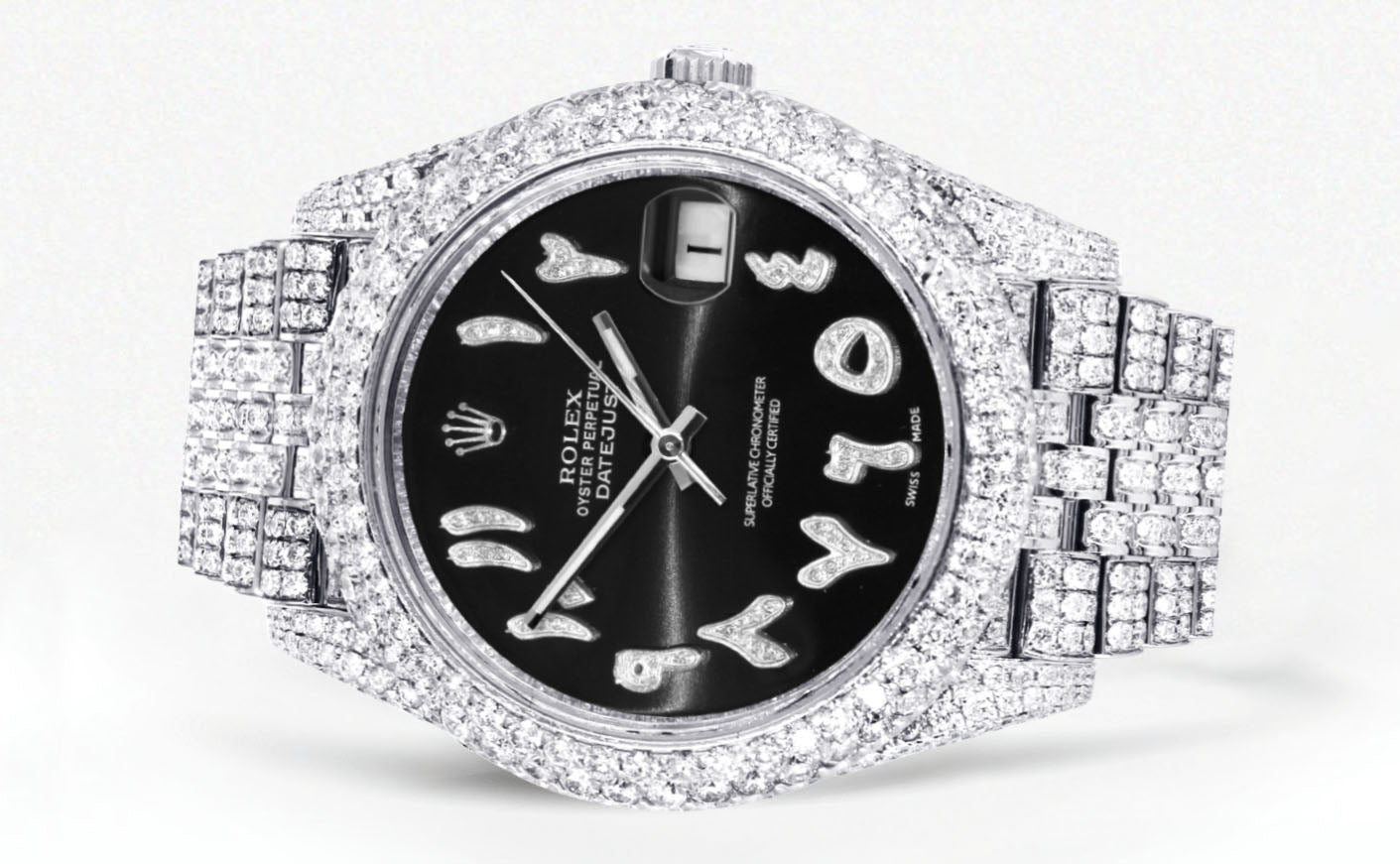 Womens Diamond Iced Out Rolex Datejust 41 | 25 Carats Of Diamonds | Custom Black Arabic Numeral Diamond Dial | Two Row | Jubilee Band