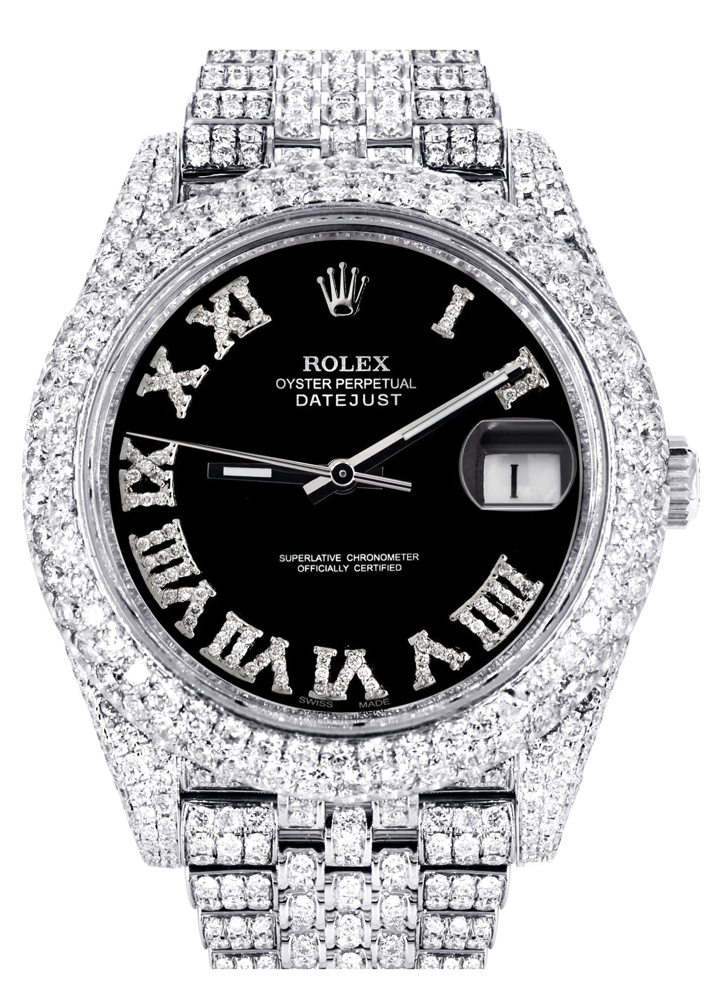 Womens Diamond Iced Out Rolex Datejust 41 | 25 Carats Of Diamonds | Custom Black Roman Numeral Diamond Dial | Two Row | Jubilee Band
