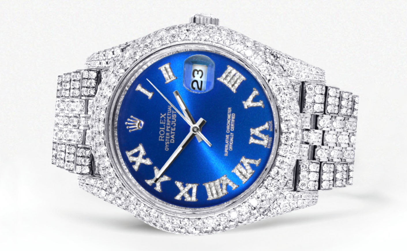 Womens Diamond Iced Out Rolex Datejust 41 | 25 Carats Of Diamonds | Custom Blue Roman Numeral Diamond Dial | Two Row | Jubilee Band
