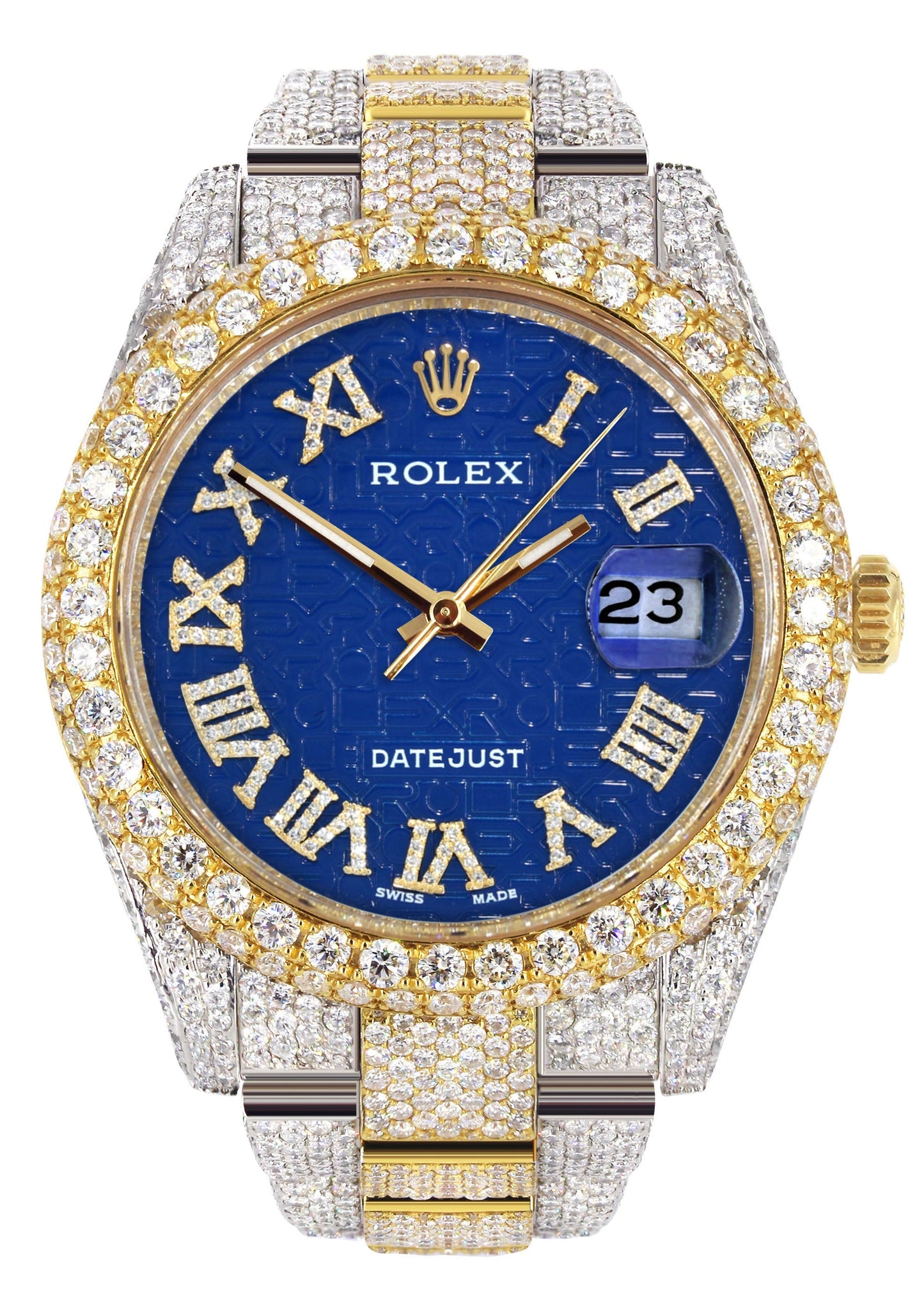 Womens Diamond Iced Out Rolex Datejust 41 | 25 Carats Of Diamonds | Blue Text Pattern Dial | Two Tone | Two Row | Oyster Band