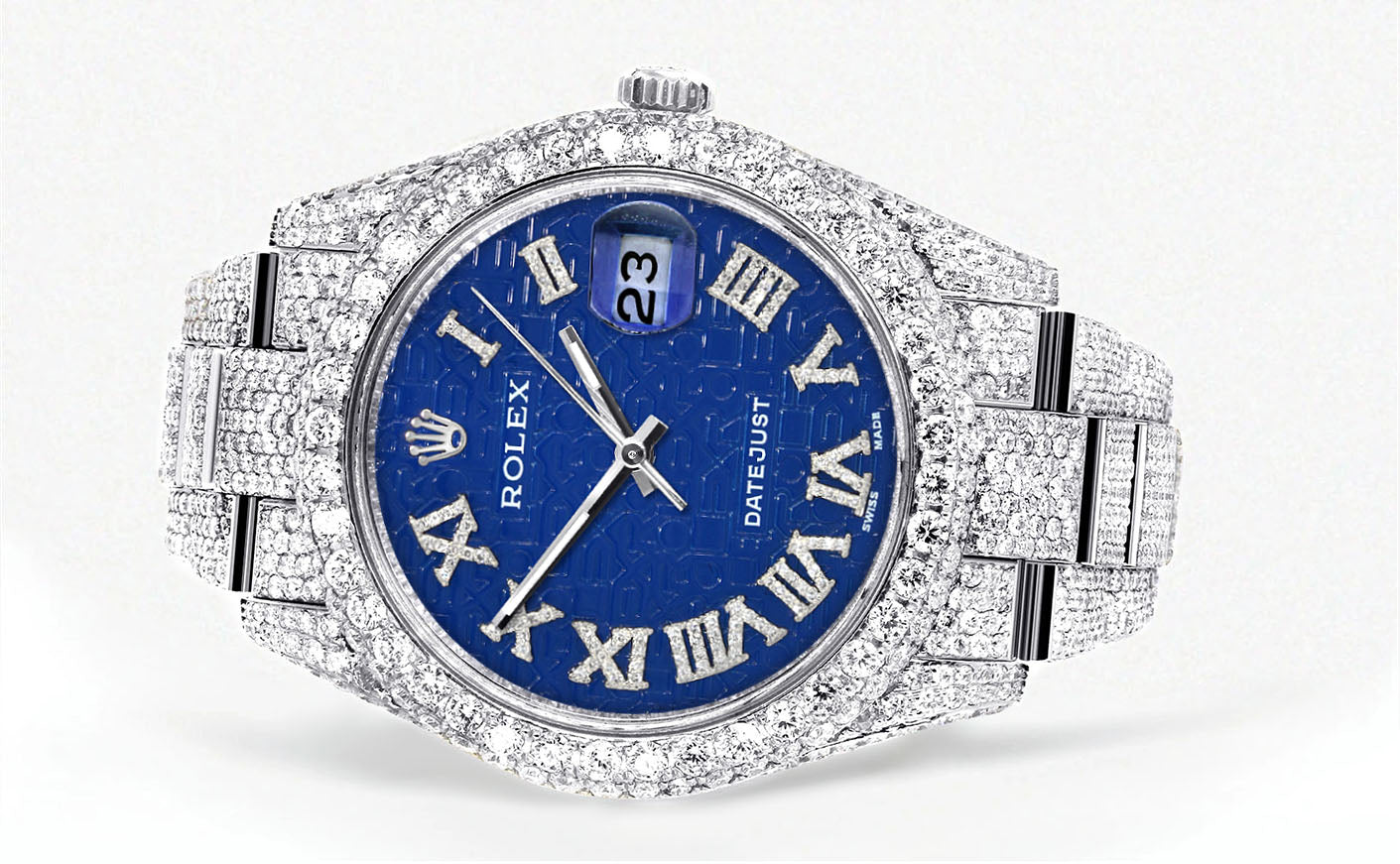Womens Diamond Iced Out Rolex Datejust 41 | 25 Carats Of Diamonds | Blue Text Pattern Dial | Two Row | Oyster Band