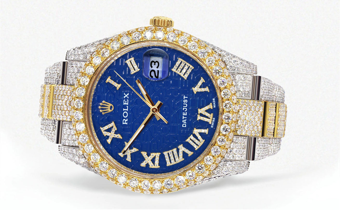 Womens Diamond Iced Out Rolex Datejust 41 | 25 Carats Of Diamonds | Blue Text Pattern Dial | Two Tone | Two Row | Oyster Band