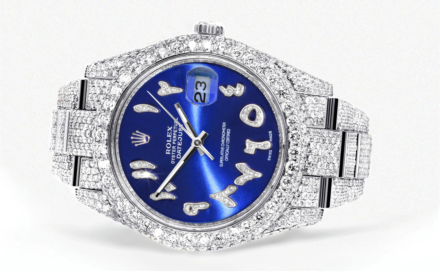 Womens Diamond Iced Out Rolex Datejust 41 | 25 Carats Of Diamonds | Custom Blue Arabic Numeral Diamond Dial | Two Row | Oyster Band