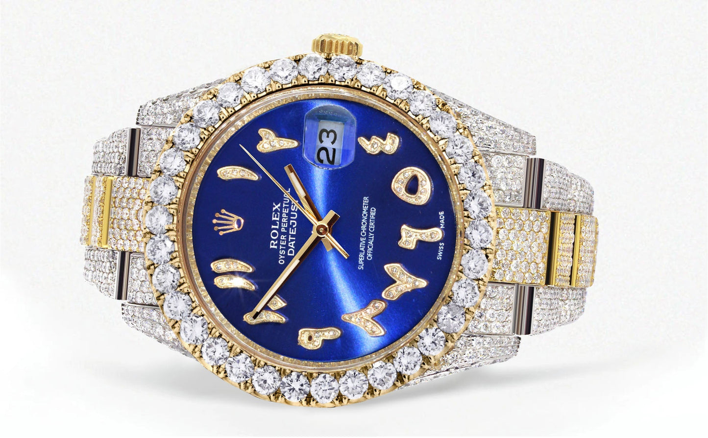Womens Diamond Iced Out Rolex Datejust 41 | 25 Carats Of Diamonds | Custom Blue Arabic Numeral Diamond Dial | Two Row | Oyster Band