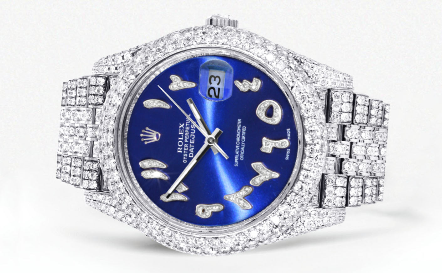 Womens Diamond Iced Out Rolex Datejust 41 | 25 Carats Of Diamonds | Custom Blue Arabic Numeral Diamond Dial | Two Row | Jubilee Band