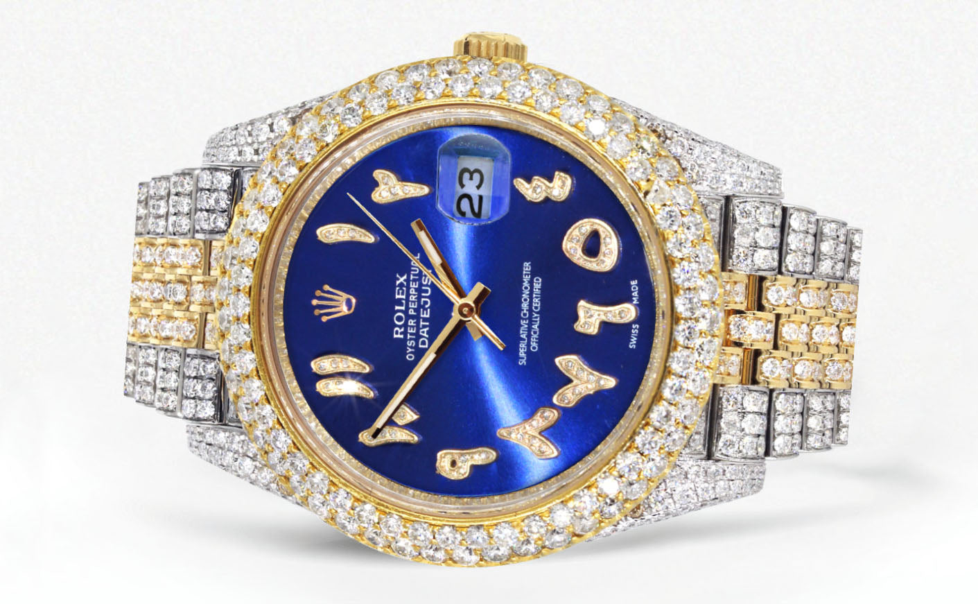 Womens Diamond Iced Out Rolex Datejust 41 | 25 Carats Of Diamonds | Custom Blue Arabic Numeral Diamond Dial | Two Tone | Two Row | Jubilee Band