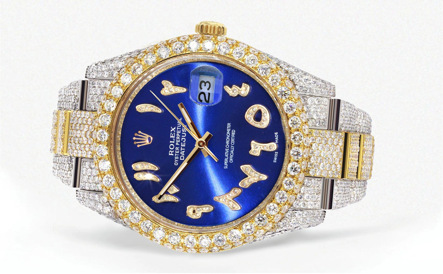 Womens Diamond Iced Out Rolex Datejust 41 | 25 Carats Of Diamonds | Custom Blue Arabic Numeral Diamond Dial | Two Tone | Two Row | Oyster Band
