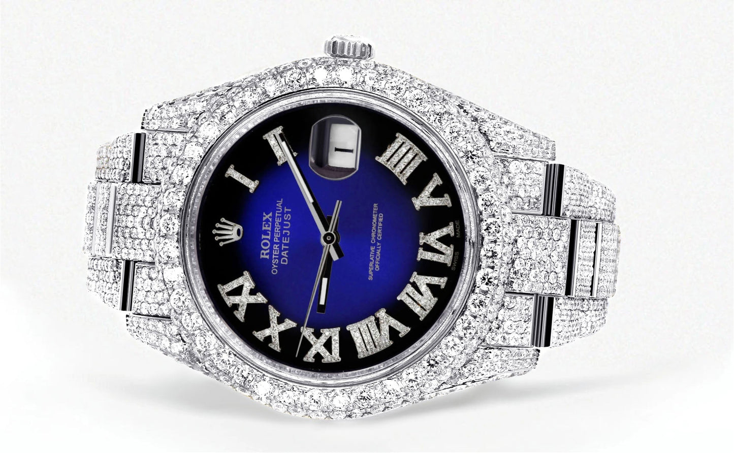 Womens Diamond Iced Out Rolex Datejust 41 | 25 Carats Of Diamonds | Custom Blue Black Roman Numeral Diamond Dial | Two Row | Oyster Band