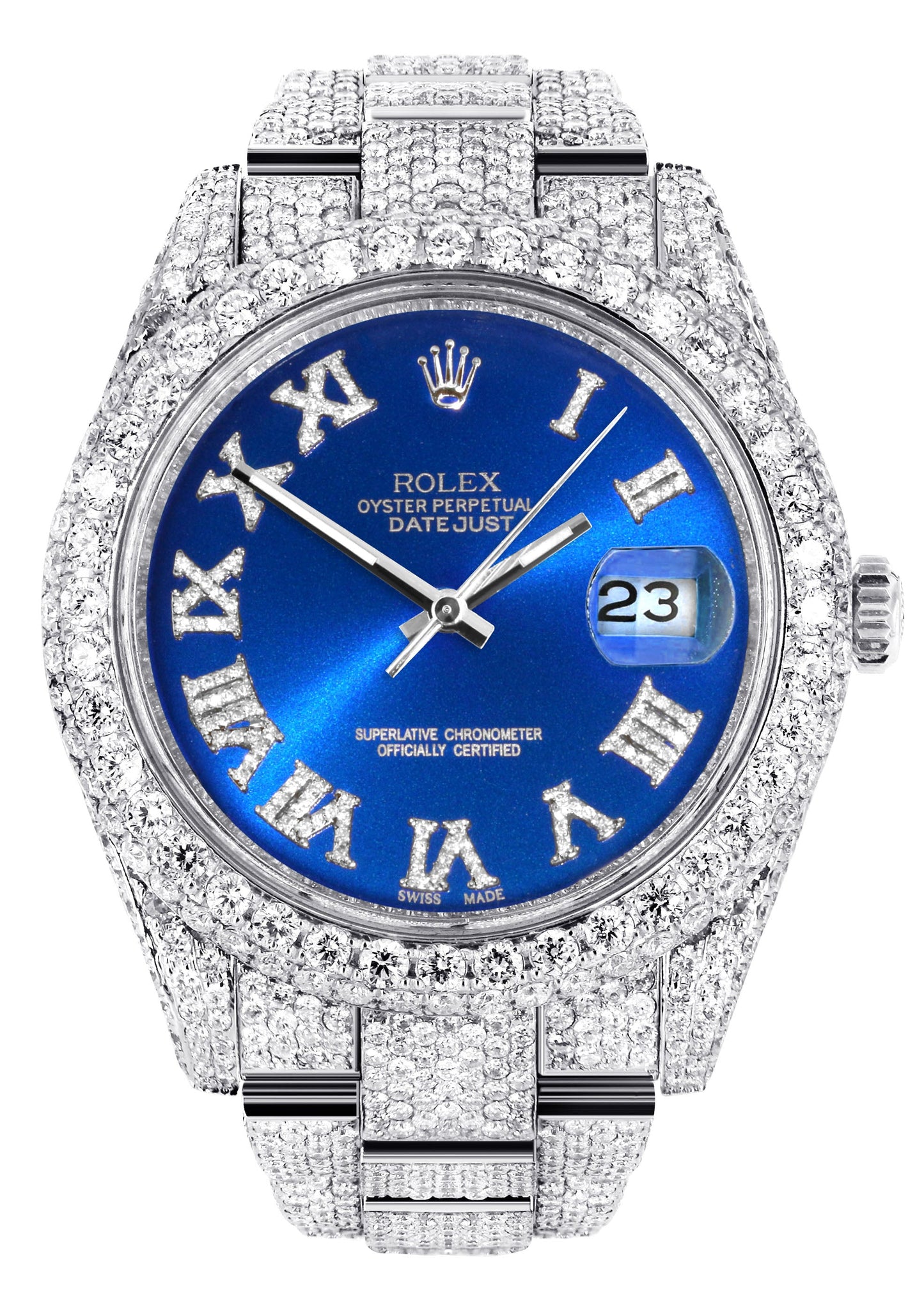 Womens Diamond Iced Out Rolex Datejust 41 | 25 Carats Of Diamonds | Custom Blue Roman Numeral Diamond Dial | Two Row | Oyster Band