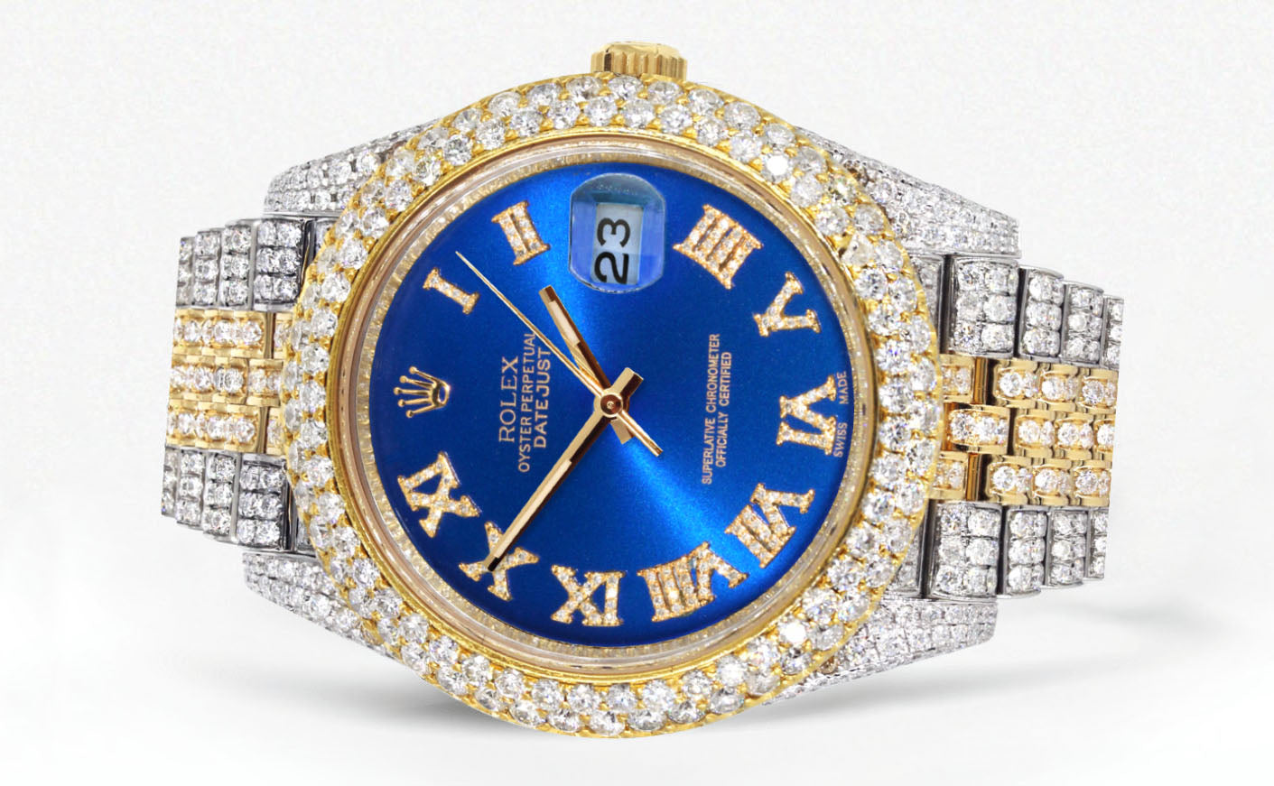 Womens Diamond Iced Out Rolex Datejust 41 | 25 Carats Of Diamonds | Custom Blue Roman Numeral Diamond Dial | Two Tone | Two Row | Jubilee Band