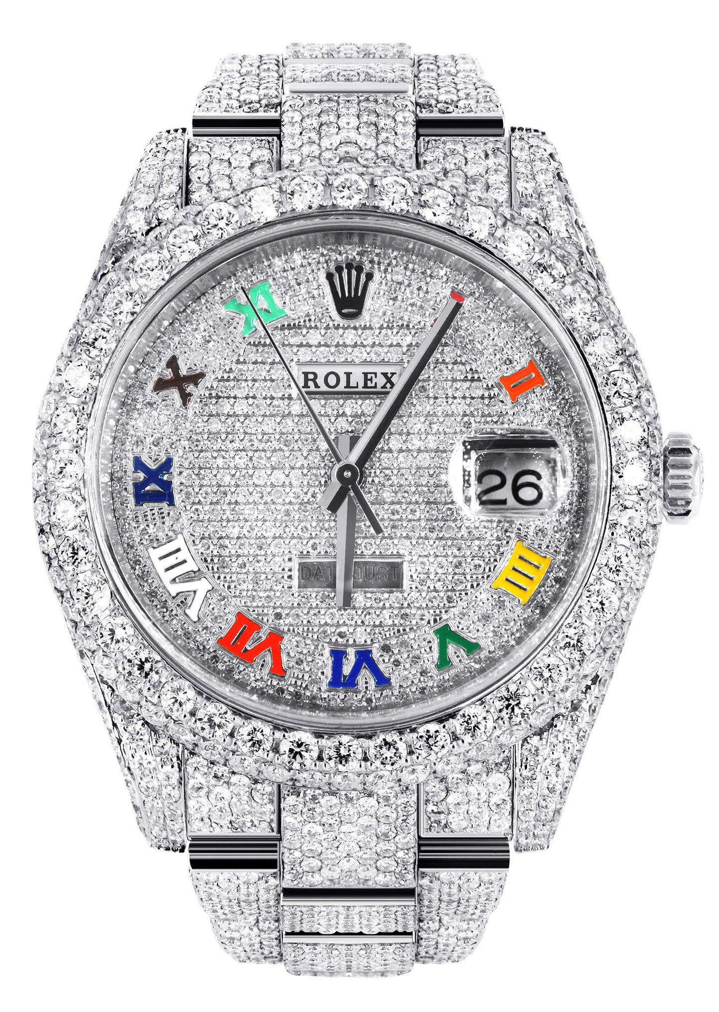 Womens Diamond Iced Out Rolex Datejust 41 | 25 Carats Of Diamonds | Custom Color Roman Dial | Two Row | Oyster Band