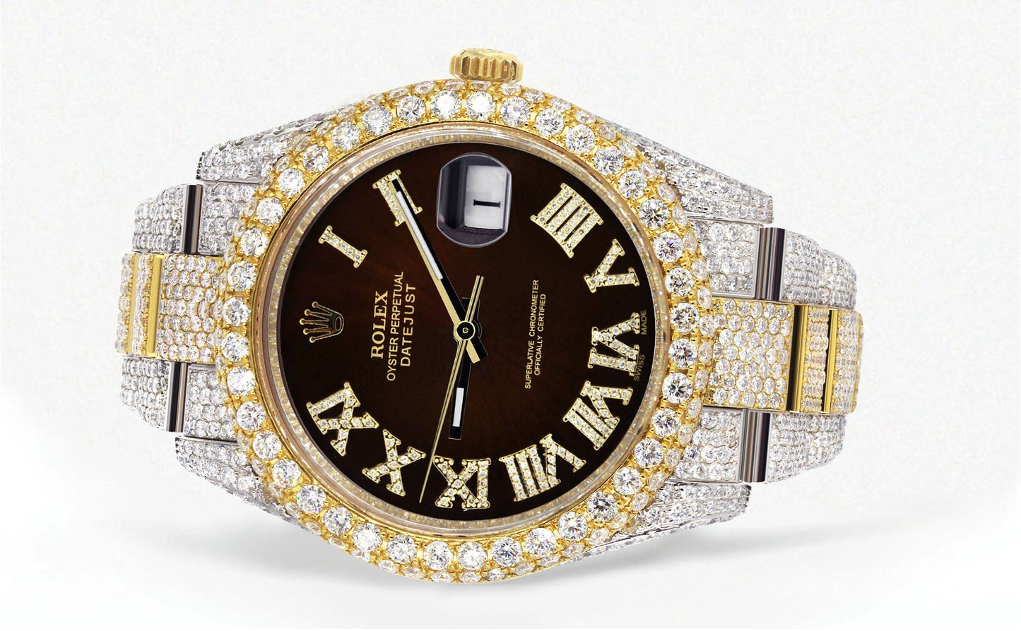 Womens Diamond Iced Out Rolex Datejust 41 | 25 Carats Of Diamonds | Custom Dark Brown Roman Numeral Diamond Dial | Two Tone | Two Row | Oyster Band