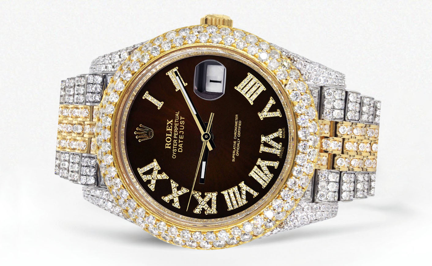 Womens Diamond Iced Out Rolex Datejust 41 | 25 Carats Of Diamonds | Custom Dark Chocolate Roman Numeral Diamond Dial | Two Tone | Two Row | Jubilee Band