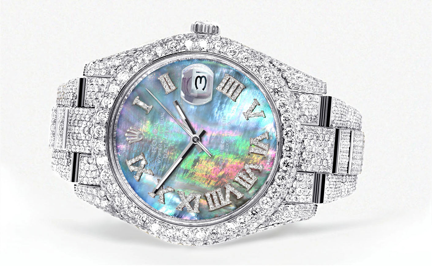 Womens Diamond Iced Out Rolex Datejust 41 | 25 Carats Of Diamonds | Abalone Mother of Pearl Dial | Two Row | Oyster Band