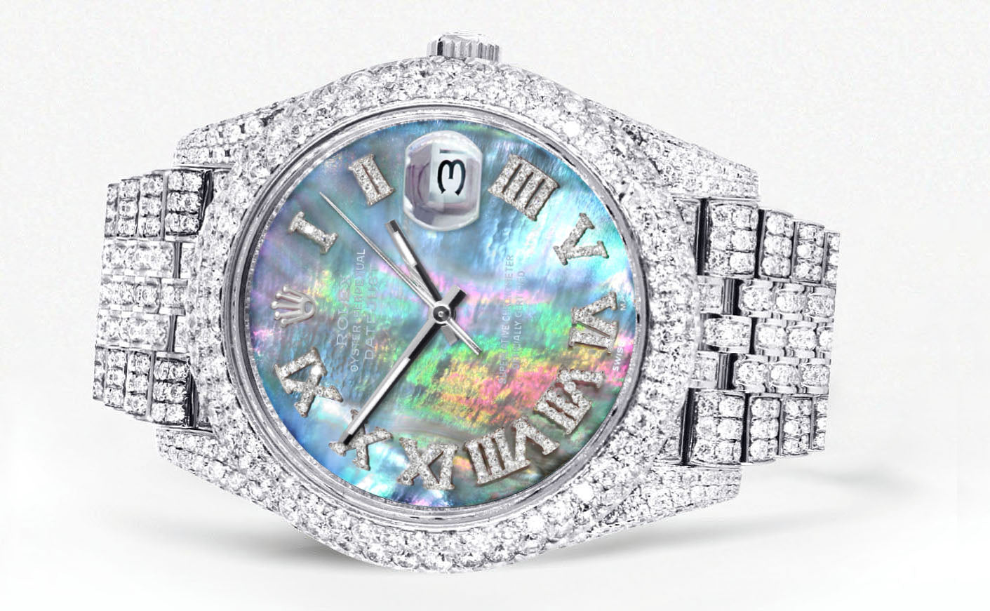 Womens Diamond Iced Out Rolex Datejust 41 | 25 Carats Of Diamonds | Abalone Mother Of Pearl Dial | Two Row | Jubilee Band