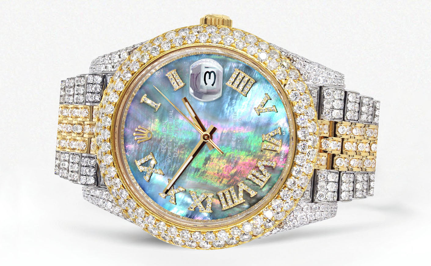 Womens Diamond Iced Out Rolex Datejust 41 | 25 Carats Of Diamonds | Abalone Mother of Pearl Dial | Two Tone | Two Row | Jubilee Band