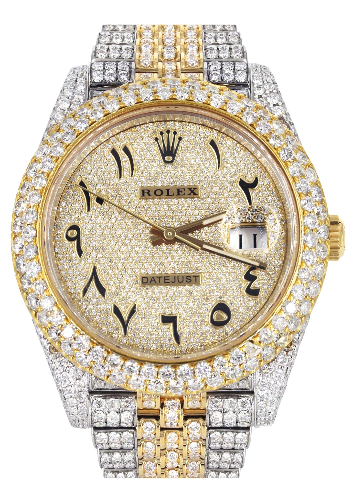 Womens Diamond Iced Out Rolex Datejust 41 | 25 Carats Of Diamonds | Custom Gold Arabic Numeral Diamond Dial | Two Tone | Two Row | Jubilee Band